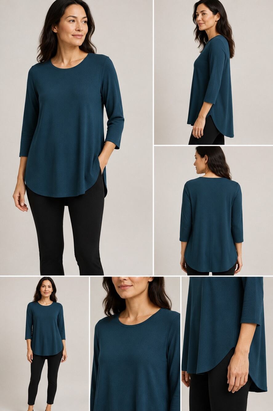 Eileen Fisher Teal Stretch Knit Tunic Top 3/4 Sleeve Small